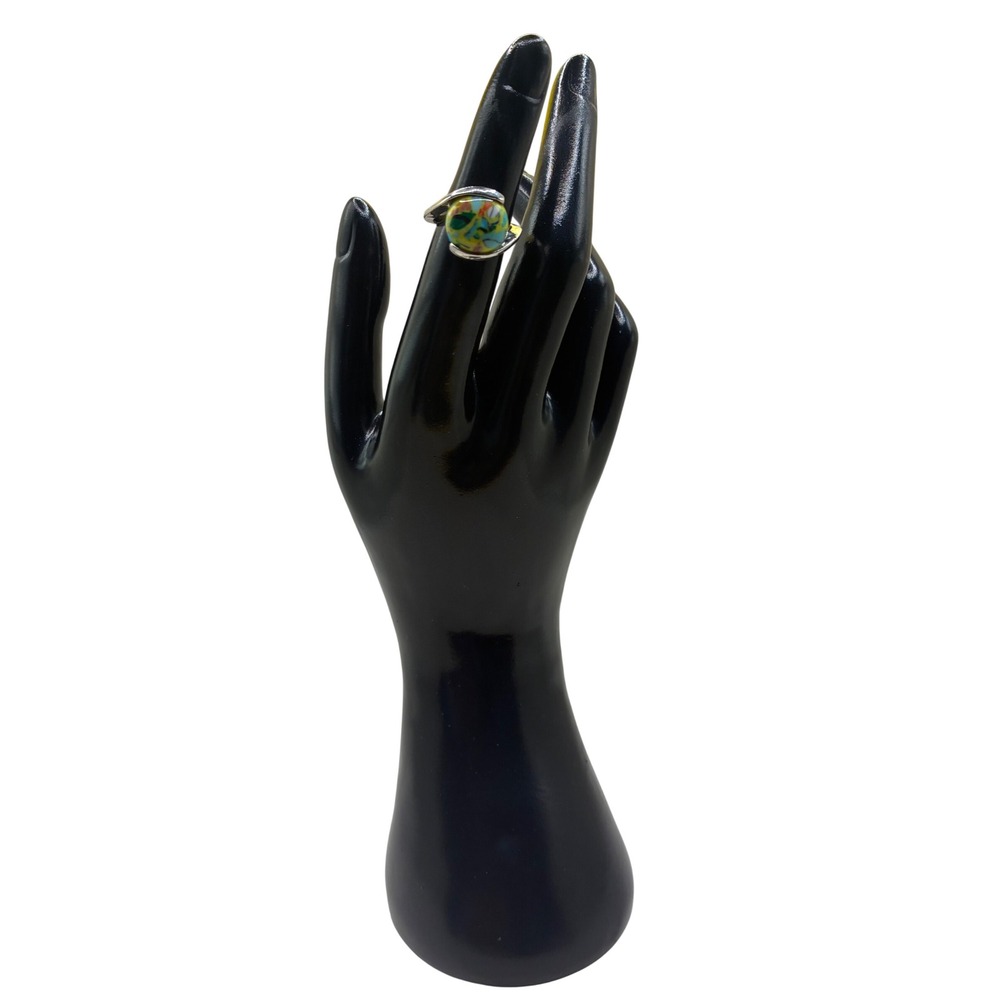Vintage Hand Painted Glass Bead Bypass Ring Silver Tone Abstract Teal Yellow